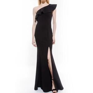 Likely Kane One Shoulder Ruffle Gown Black Formal Maxi Dress Size 2 Slit Elegant